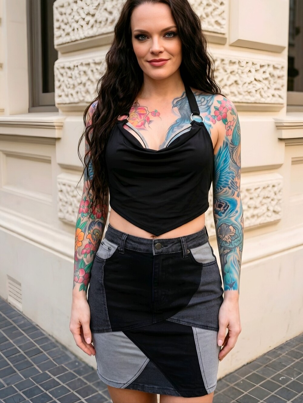 American Bazi ✦ High‑Waist Patchwork Mini Skirt ✦ Black White Contrast Panels